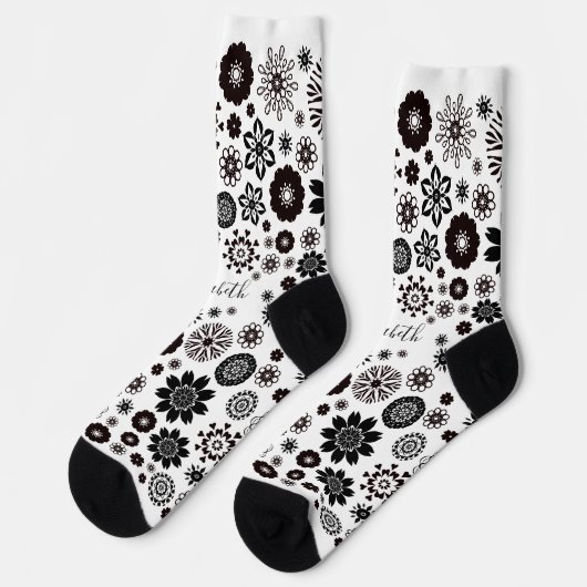 Zwart-wit bloemrijke mandala hippie boho bloemen sokken (Links)