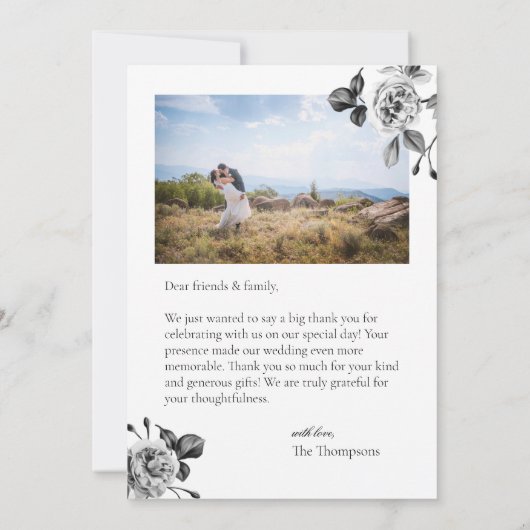 Zwart-wit bloemstuk aanpasbare bedankkaart (Achterkant)