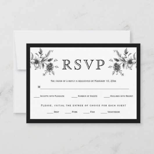 Zwart-wit  bloemstuk bruiloft RSVP kaartje (Voorkant)