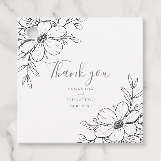 Zwart Wit Bloemtekening Huwelijksgunst Labels (Voorkant)