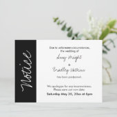 Zwart wit blok "kennisgeving" uitgestelde bruiloft kaart (Staand voorkant)