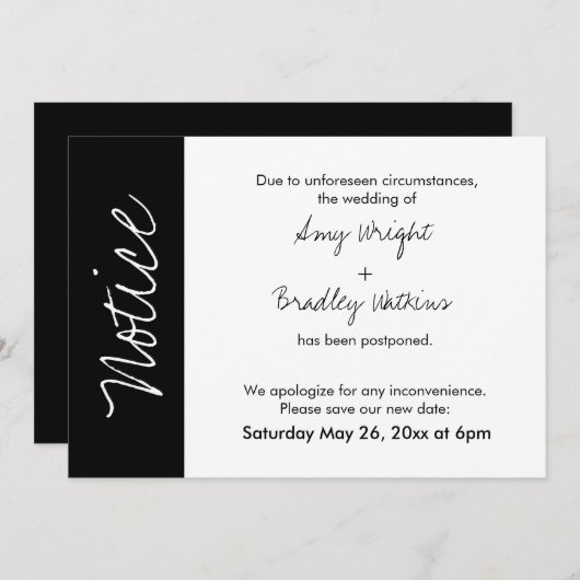 Zwart wit blok "kennisgeving" uitgestelde bruiloft kaart (Voorkant / Achterkant)