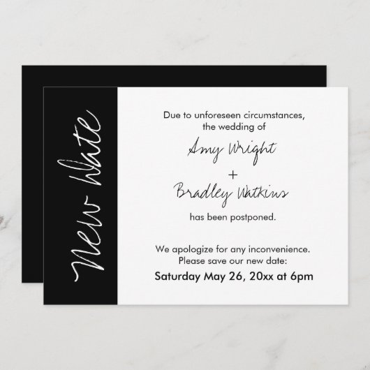 Zwart Wit Blok Nieuwe Datum Uitgestelde Bruiloft K Kaart (Voorkant / Achterkant)