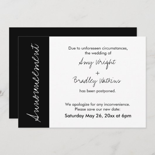 Zwart wit blok uitgestelde bruiloft aankondiging (Voorkant / Achterkant)