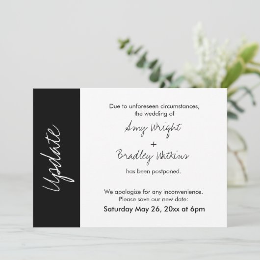 Zwart wit blokupdate uitgestelde bruiloft Kaart (Staand voorkant)