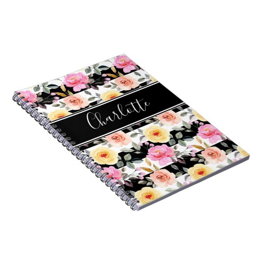 Zwart Wit Blush Geel Roze Bloemen Script Naam Notitieboek (Rechterzijde)