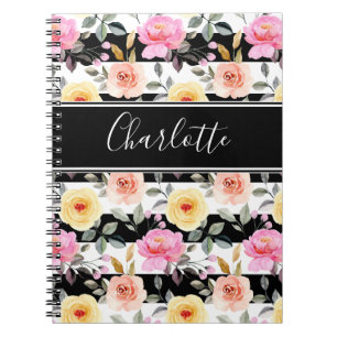 Zwart Wit Blush Geel Roze Bloemen Script Naam Notitieboek