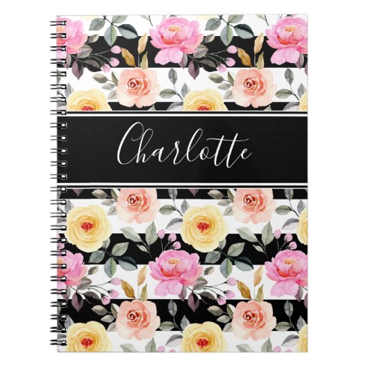 Zwart Wit Blush Geel Roze Bloemen Script Naam Notitieboek (Voorkant)