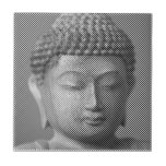 Zwart-wit boeddha-gezichtsveld, gevormd door lijne tegeltje<br><div class="desc">Decoratieve keramische tegels met het gezicht van Siddhartha Gautama, Boeddha, met een gekerfd effect. Afbeelding gevormd door lijnen met een variabele breedte. Gift idea voor mensen die van Aziatische kunst en spiritualiteit houden.</div>