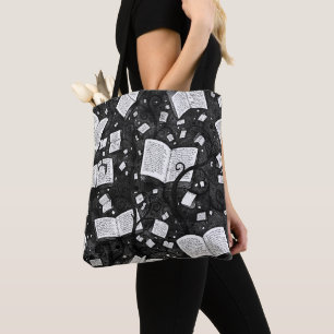Zwart-wit boeken achtergrond tote bag