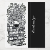 Zwart-wit boeken en wijn 2 wijn etiket (Enkel label)