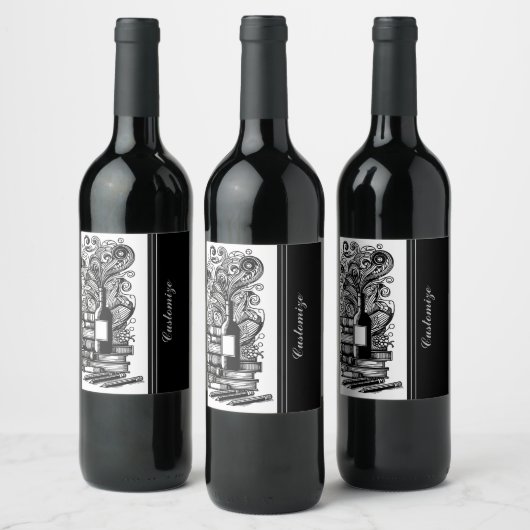 Zwart-wit boeken en wijn wijn etiket (Flessen)