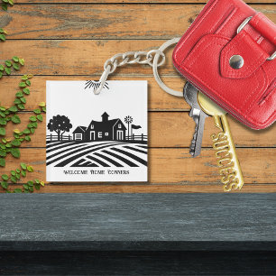 Zwart-wit Boerderij Scene Housewarming Gift Sleutelhanger