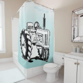 Zwart-wit Boerderij Tractor Op Blauw Douchegordijn (In situ)