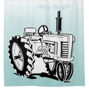 Zwart-wit Boerderij Tractor Op Blauw Douchegordijn