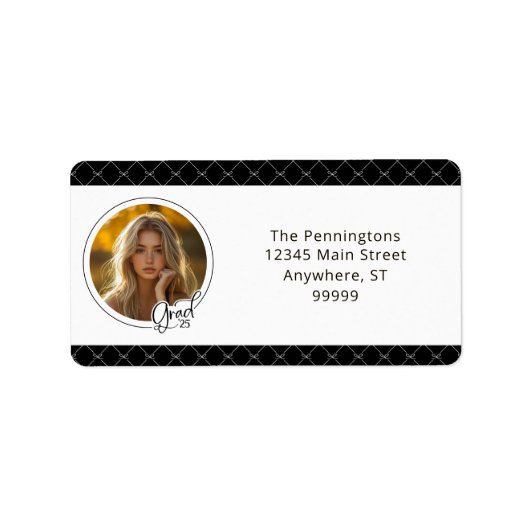 Zwart Wit Bogen Foto Afstudeerder Afstuderen Etiket (Voorkant)