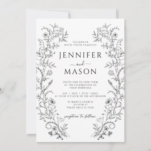 Zwart Wit Boheemse Bloemen Franse bruiloft Kaart (Voorkant)