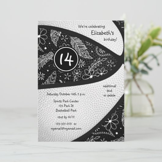 zwart wit boho basketbal meisjes sportfeestje kaart (Staand voorkant)