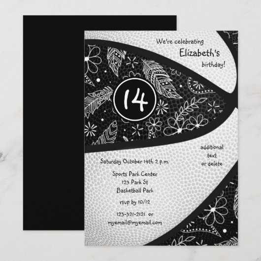 zwart wit boho basketbal meisjes sportfeestje kaart (Voorkant / Achterkant)