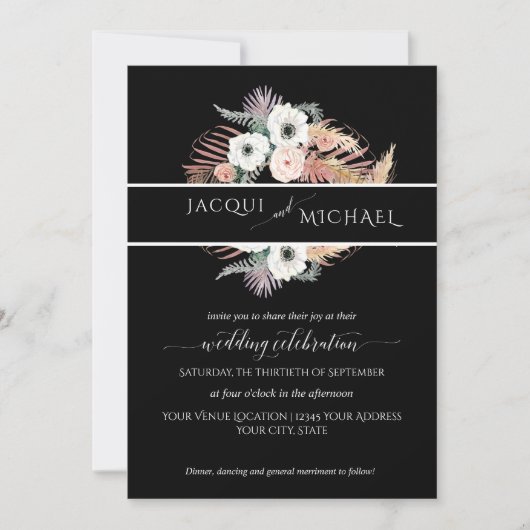 Zwart Wit Boho Bloem Palm Loof Pampas Gras Kaart (Voorkant)