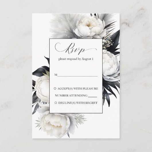Zwart-wit boho bloemen elegante bruiloft RSVP Informatiekaartje (Voorkant)