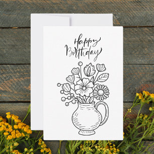 Zwart & Wit Boho Bloemen Happy Birthday Flat Kaart