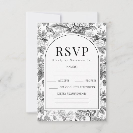 Zwart wit boho bloemenbruiloft RSVP kaarten (Voorkant)