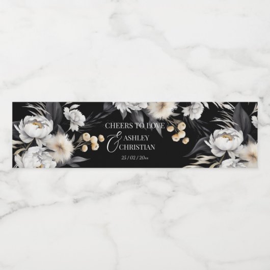 Zwart-wit boho bruiloft gepersonaliseerd waterfles etiket (Enkel label)