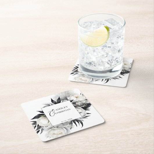 Zwart-wit boho bruiloft servies sjabloon kartonnen onderzetters (Insitu)