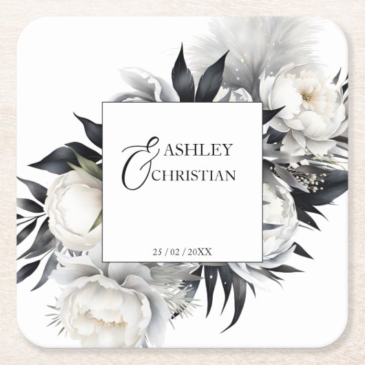 Zwart-wit boho bruiloft servies sjabloon kartonnen onderzetters (Voorkant)