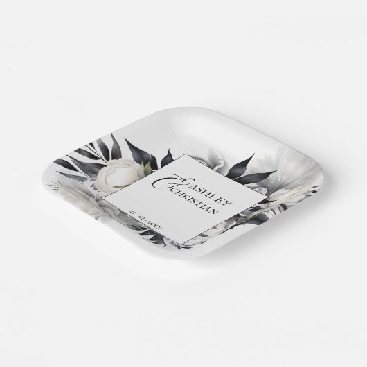 Zwart-wit boho bruiloft servies sjabloon papieren bordje (Gebogen)