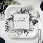 Zwart-wit boho bruiloft servies sjabloon papieren bordje<br><div class="desc">Zwart-wit boho pioenbloemen pampas grass elegante bruiloft gepersonaliseerd servies sjabloon papier borden</div>