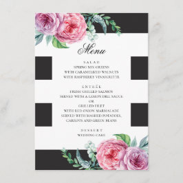 Zwart-wit boho bruiloft. Waterverf roze bloemen Menu