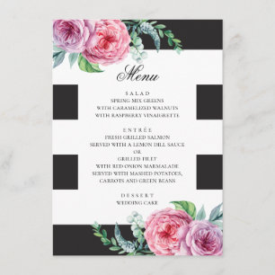 Zwart-wit boho bruiloft. Waterverf roze bloemen Menu