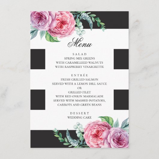 Zwart & wit boho bruiloft. Waterverf roze floraal Menu (Voorkant)