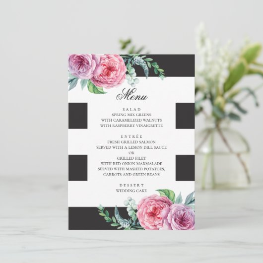 Zwart & wit boho bruiloft. Waterverf roze floraal Menu (Staand voorkant)