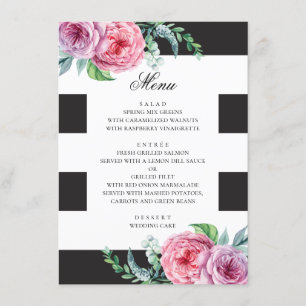 Zwart & wit boho bruiloft. Waterverf roze floraal Menu