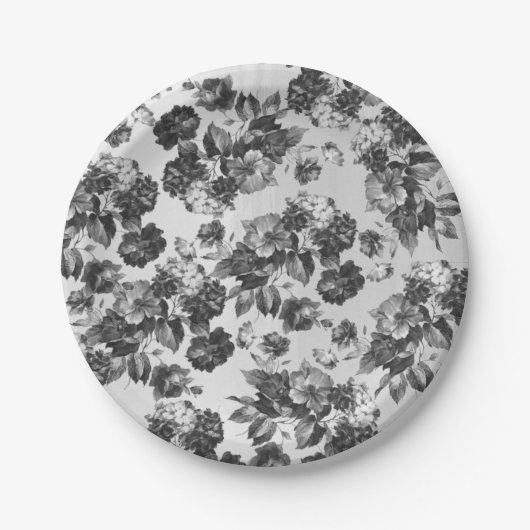 Zwart wit boho chic rozen floraal papieren bordje (Voorkant)