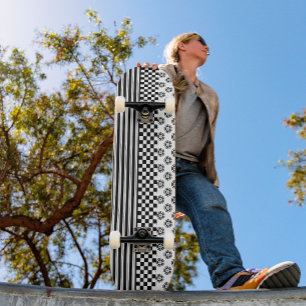 Zwart Wit Boho Controleer Bloemen Strepen Patroon Persoonlijk Skateboard