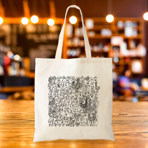 Zwart-wit Boho decoratieve vogels patroon Tote Bag