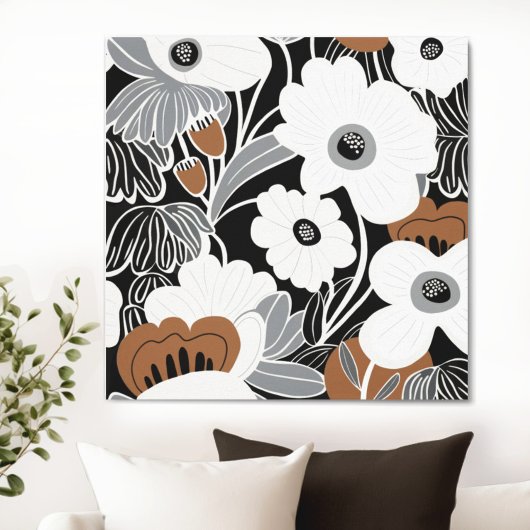 Zwart Wit Boho Floral Canvas Afdruk