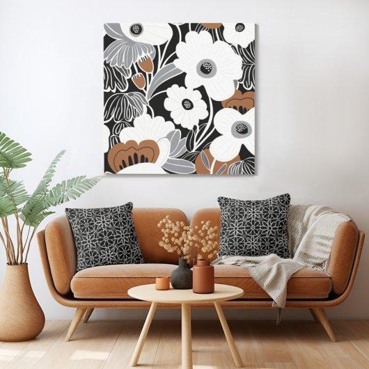 Zwart Wit Boho Floral Canvas Afdruk