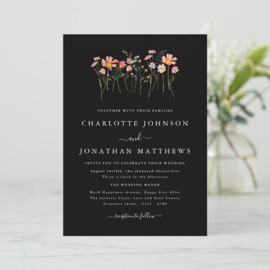 Zwart-wit Boho Herfst Wildflower Wedding Kaart (Staand voorkant)