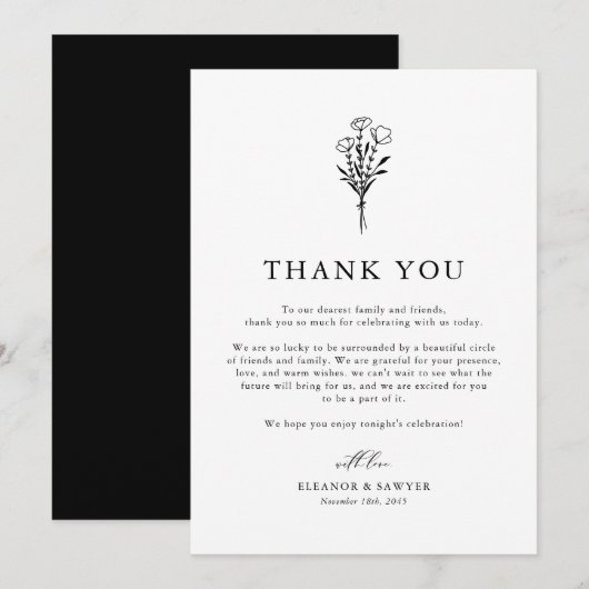 Zwart-wit Boho Minimalistische Botanicals Wedding Bedankkaart (Voorkant / Achterkant)