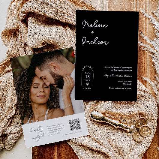 Zwart Wit Boho Minimalistische Wedding QR Code Fot Kaart