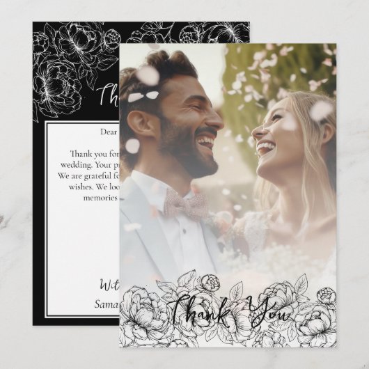 Zwart Wit Boho Moderne Bloemen Elegante Foto Bedankkaart (Voorkant / Achterkant)