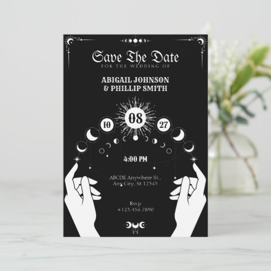 Zwart-wit Boho Moon mystieke hand bruiloft Kaart (Staand voorkant)