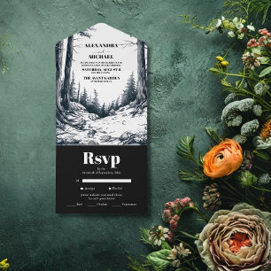 Zwart Wit Boho Mountain Forest bruiloft All In One Uitnodiging