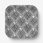 Zwart-wit boho stijl geknoopt touwpatroon papieren bordje (Voorkant)