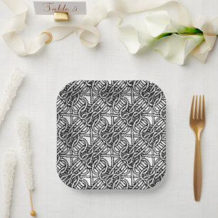 Zwart-wit boho stijl geknoopte touw patroon papieren bordje